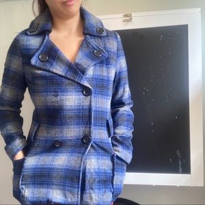 JOU JOU Blue Plaid Double Breasted Pea Coat